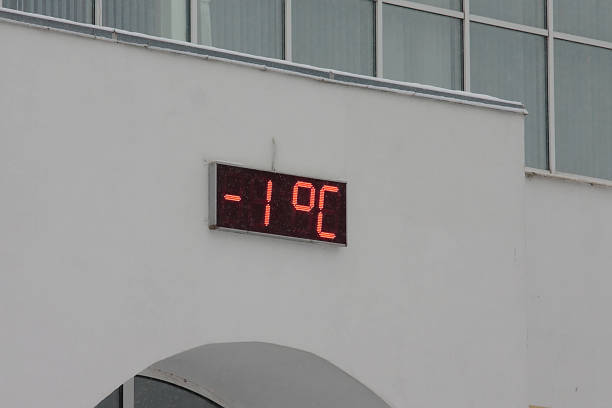 istock electronic thermometer display on the wall of the building 1292117202