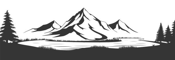 山、湖、岩と野生の自然の風景。イラストをベクターに変換しました。旅行広告、パンフレット、ラベル、チラシの装飾、アパレル、tシャツプリントに最適です。ベクトルの図 - glacier mountain ice european alps点のイラスト素材／クリップアート素材／マンガ素材／アイコン素材