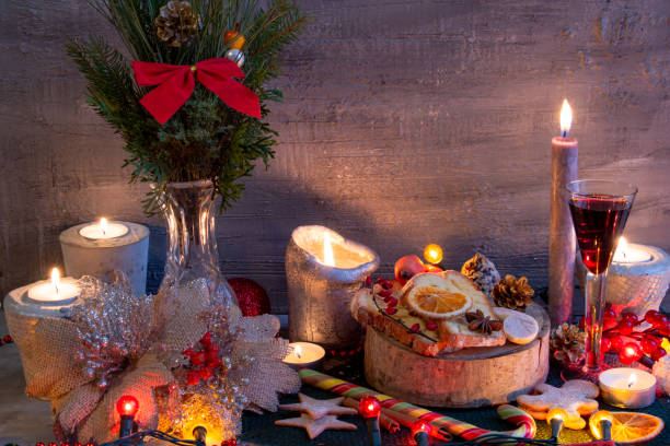 istock Christmas and New Year compositions on a on gray background, Christmas cake, gingerbread. Copy space, flat lay 1292120771