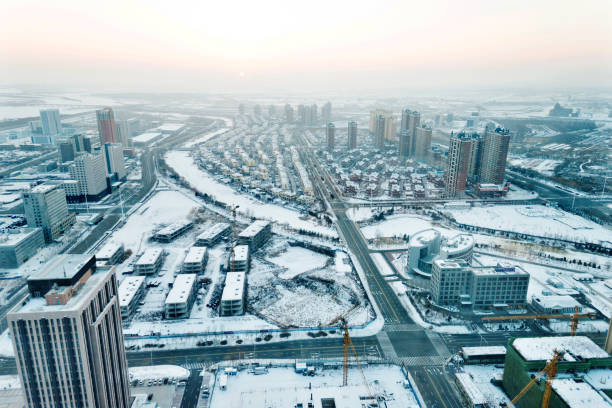 Aerial view of downtown district in winter.
