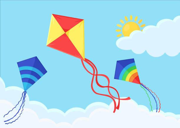 illustrations, cliparts, dessins animés et icônes de vol coloré de cerf-volant dans le ciel bleu avec des nuages. vacances d’été. conception plate vectorielle - air air vehicle beauty in nature blue
