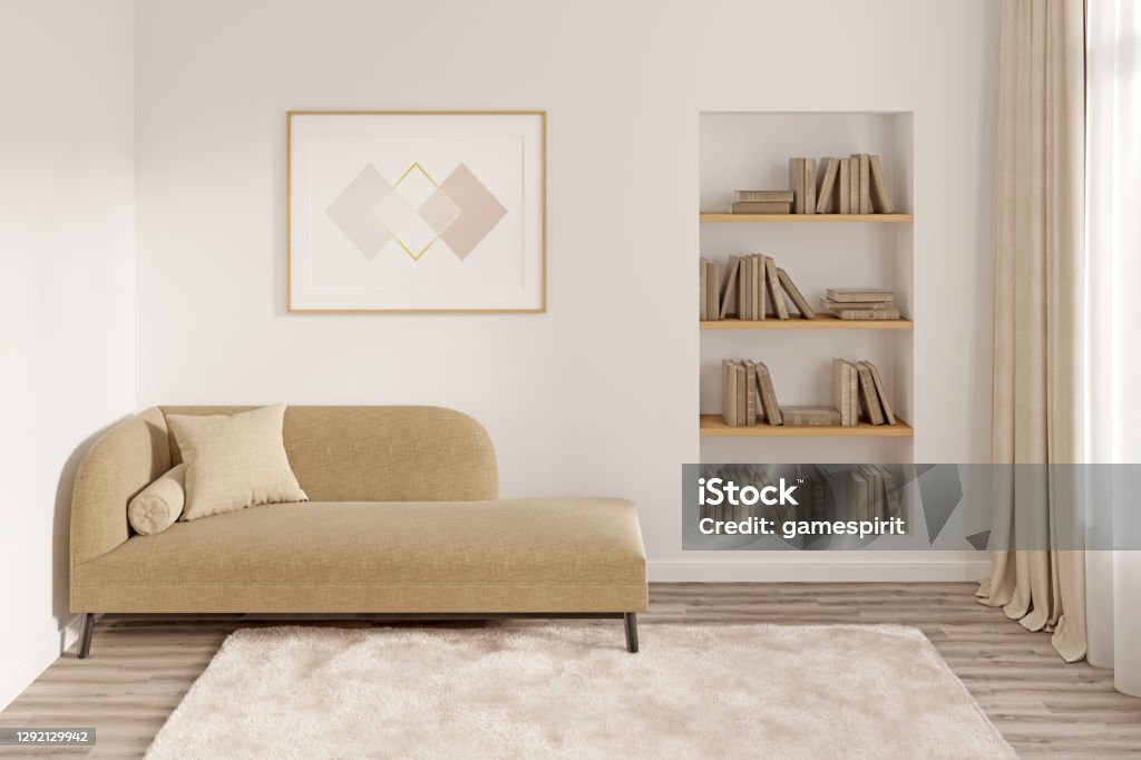 Modern room with a horizontal poster above a couch with a pillow, a niche with books, a window with curtains, a fluffy carpet on a wooden floor. Front view. 3d render Chaise Longue Stock Photo