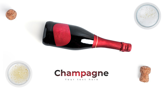Champagne isolated on white background. Long header banner format. Panorama website header banner. High quality photo