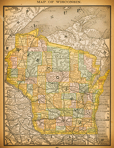 19th century map of Wisconsin. Published in New Dollar Atlas of the United States and Dominion of Canada. (Rand McNally & Co's, Chicago, 1884).