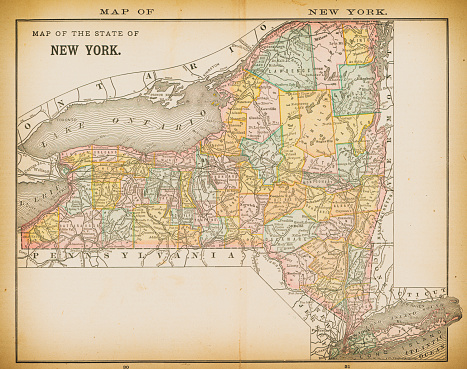 19th century map of New York. Published in New Dollar Atlas of the United States and Dominion of Canada. (Rand McNally & Co's, Chicago, 1884).