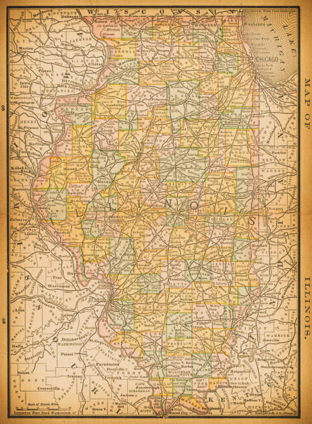 19th century map of Illinois 19th century map of Illinois. Published in New Dollar Atlas of the United States and Dominion of Canada. (Rand McNally & Co's, Chicago, 1884). erie canal stock illustrations