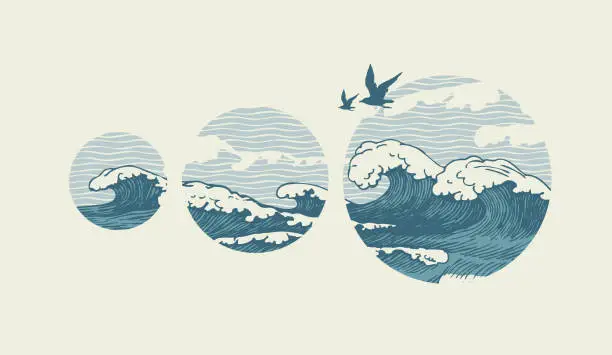 Vector illustration of banner with hand-drawn sea waves and seagulls