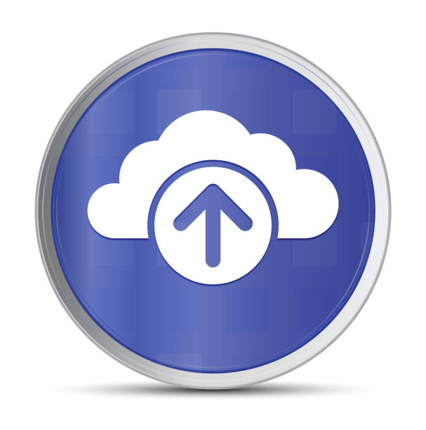 cloud-upload-symbol prime blau runde taste vektor illustration design silber rahmen druckknopf - push button keypad symbol technology stock-grafiken, -clipart, -cartoons und -symbole