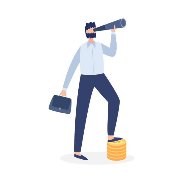 Cartoon businessman looking through spyglass standing on coin stack Cartoon businessman looking through spyglass standing on coin stack. Business man searching for investment or career prospects, isolated vector illustration. watch cartoon gold illustration and painting stock illustrations