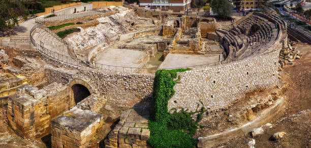 Panoramic of the ancient roman amphitheater in Tarragona, Spain stock photo