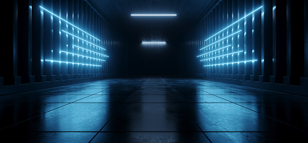 Sci Fi Futurististic azul cibernía realojo led flecha luces en forma de flecha pasarela túnel garaje corredor almacén subterráneo grunge hormigón 3D renderización photo