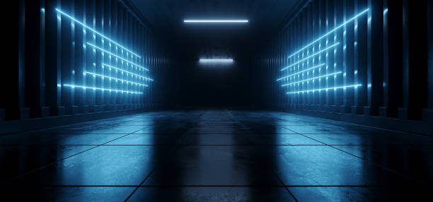 sci fi futuristico blu cyber moderno neon led freccia a forma di luci passerella tunnel garage corridoio magazzino sotterraneo grunge cemento cemento 3d rendering - neon light foto e immagini stock