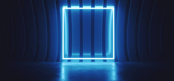 istock Neon Glowing Sci Fi Futuristic Background Laser Electric Fluorescent Blue Frame Rectangle Glowing Glossy Metal Stripes Spaceship Hangar Room Stage 3D Rendering 1292139134