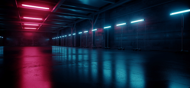 Cyber Neon púrpura azul rojo sci Fi Futurista Grunge Hangar Retro Almacén Subterráneo Estacionamiento Acero Acero Hormigón Túnel de Cemento Corredor Fondo Industrial 3D Renderización photo