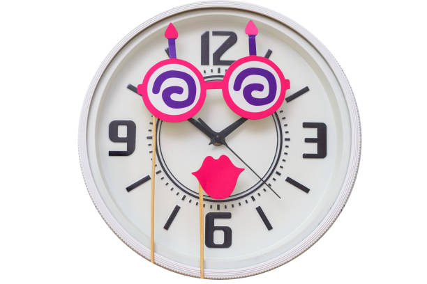 Party time! Time clock with cute paper mask glasses and lips smiling. Birthday party, Halloween,Purim, Fool's Day, fun, friday night. Midnight countdown. Entertainment services. Happy hour concept.