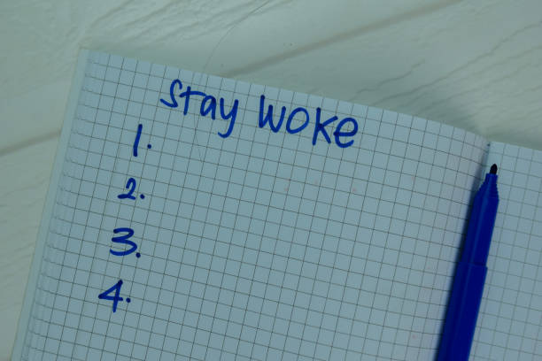 istock Stay Woke write on a book Supported by an additional services isolated on office desk. 1292141681