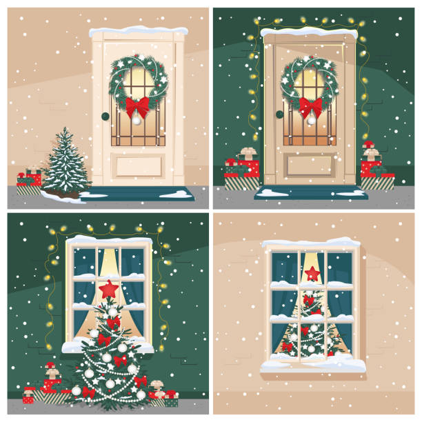 illustrazioni stock, clip art, cartoni animati e icone di tendenza di porte e finestre di natale con abete e decorazioni natalizie - new year wall door decoration