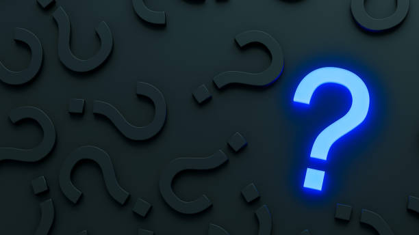 istock Blue glowing question mark on a background black and grey signs. 3D Rendering 1292144869