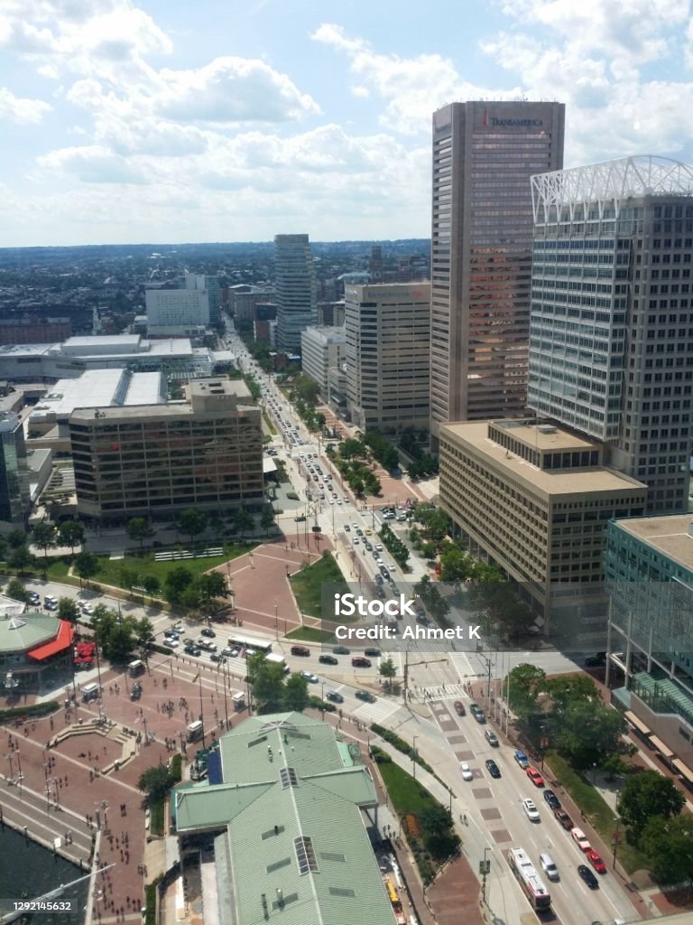 A view of the Inner Harbor in Baltimore Maryland circa June 2017 A view of downtown Baltimore from the top of the World Trade Center-Baltimore in the Inner Harbor in Baltimore Maryland circa June 2017 Inner Harbor - Baltimore Stock Photo