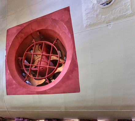 View of ships bow with draft marks and bow thruster