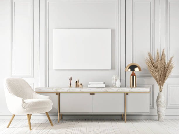 istock Mockup poster, white interior elegance style, sideboard with home decoration. 1292148755