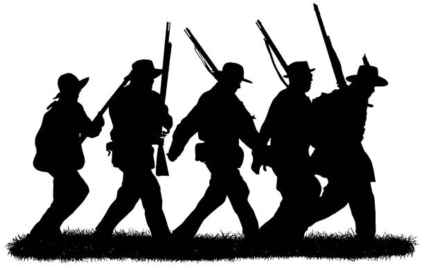 Group of american civil war soldiers silhouettes group of american civil war soldiers silhouettes in black on white background civil war stock illustrations