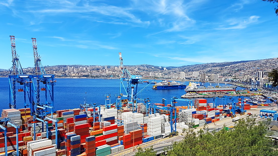Panorama of City of Valparaiso Chile with Skyline, Dock, Harbour area, bay, ships and containers on a sunny day