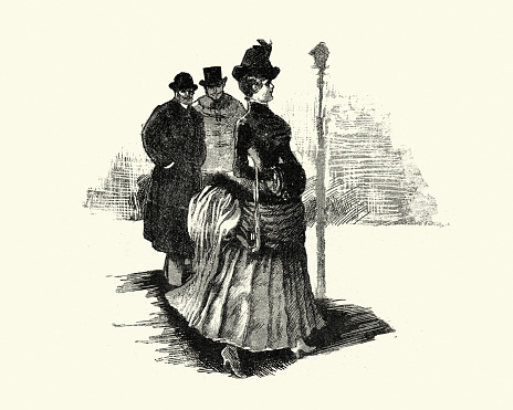 Vintage illustration of Men watching a beautiful woman walk down the street, 19th Century