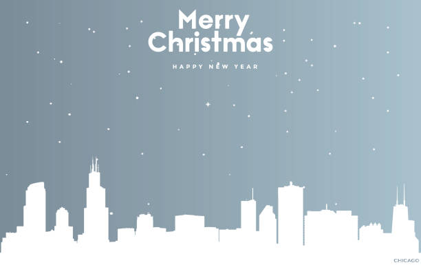 рождественская и новогодняя синяя поздравительная открытка с белым городским пейзажем чикаго - illustration and painting panoramic sky snow stock illustrations