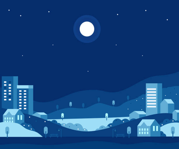 ilustrações de stock, clip art, desenhos animados e ícones de night view landscape with city in mountains and park flat vector illustration, suitable for night background concept and winter - snow winter bench park