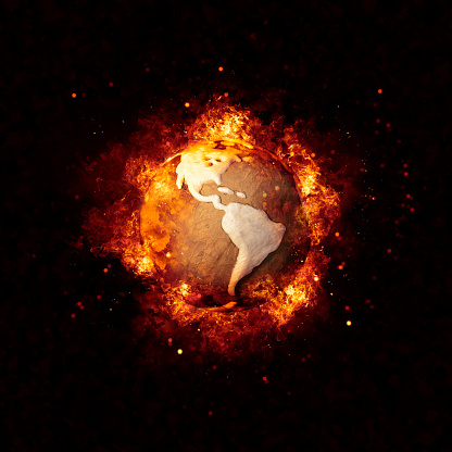 Earth globe in flames burning in space showing south america