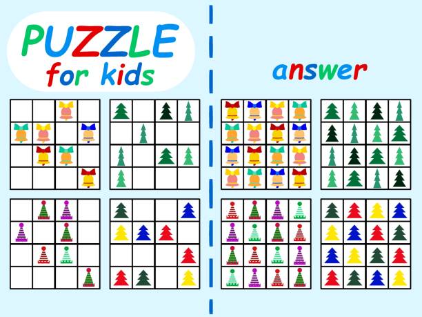 Christmas sudoku set for kids stock vector illustration Christmas sudoku set for kids stock vector illustration. Educational puzzle sudoku without numbers for winter holidays printable worksheet. Funny winter holidays horizontal page for children sudoku variants stock illustrations