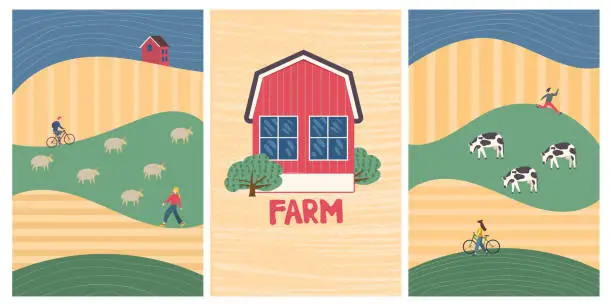 Vector illustration of Family vacations farm, farmhouse, rural landscape, animals - cow, sheep.  Nature, ecology, organic, environment banners