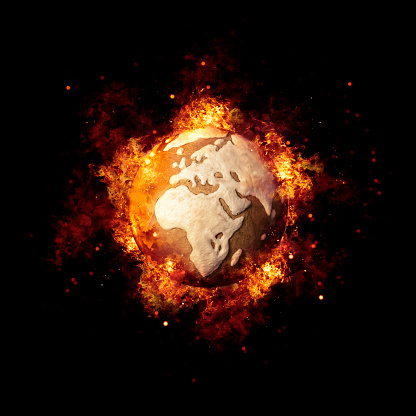 Earth globe in flames burning in space showing africa and europe