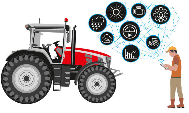 Tractor connect service enables you to coordinate with wifi on tablet Optimize and seamlessly connect your fleet, to better manage maintenance and remotely monitor equipment in the field precision agriculture stock illustrations