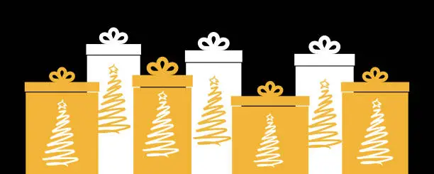 Vector illustration of Gold And White Christmas Trees Gift Boxes