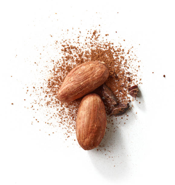 cacao en polvo aislado en blanco - chocolate beans fotografías e imágenes de stock