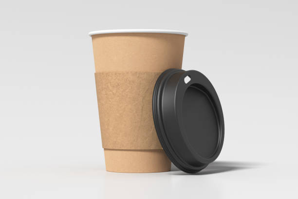 istock Cardboard take away coffee paper cup mock up with opened black lid with holder on white background. 1292170598