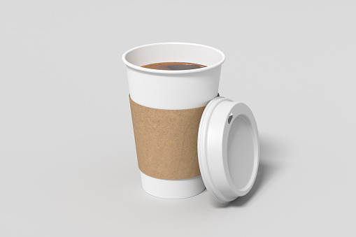 White take away coffee paper cup mock up with opened white lid with holder on white background. 3d render