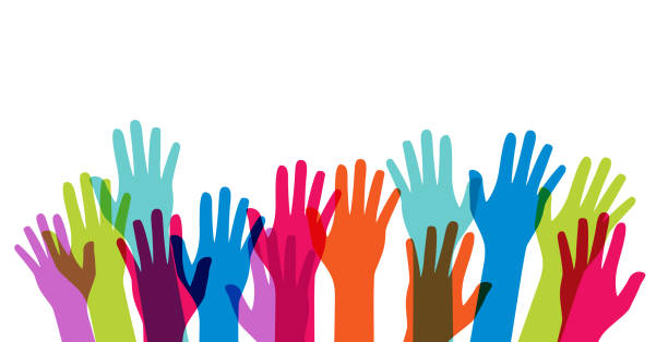 Multicultural and multiethnic people community integration concept with raised human hands. Racial equality of different culture and countries background. Vector Illustration EPS10 Multicultural and multiethnic people community integration concept with raised human hands. Racial equality of different culture and countries background. Vector Illustration racial equality stock illustrations