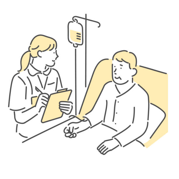 nurse checking the condition of a sick patient nurse checking the condition of a sick senior hospital ward stock illustrations