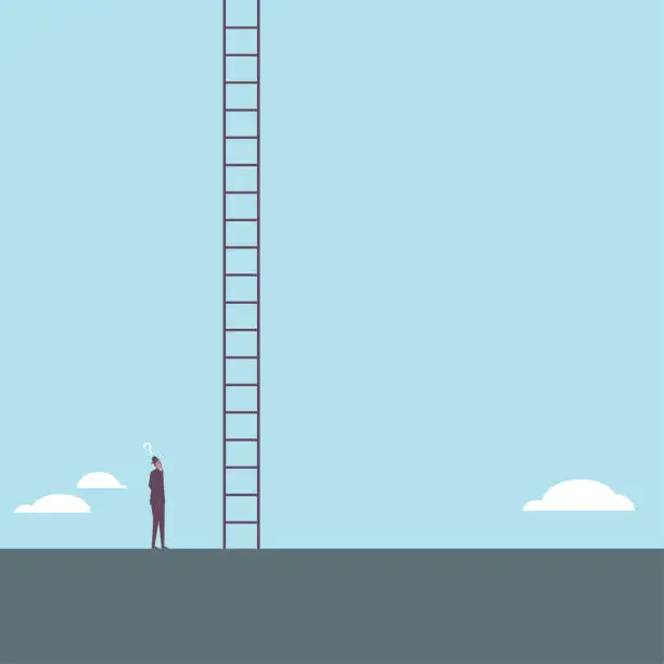 Vector illustration of A businessman looked up at a ladder reaching into the sky.