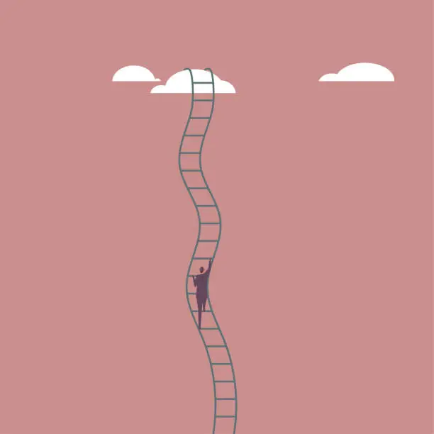 Vector illustration of A businessman climbed to the cloud using a rope ladder.