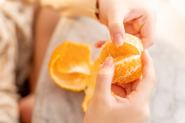 An overhead view showing a part of a pair of young Asian Chinese female hands peeling the skin of Chinese New Year mandarin orange.