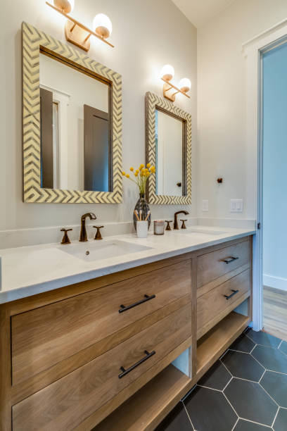 istock Decorative tile and natural wood vanity is beautiful in bathroom 1292190750