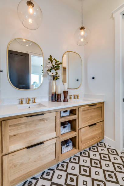 istock Decorative tile and natural wood vanity is beautiful in bathroom 1292190754