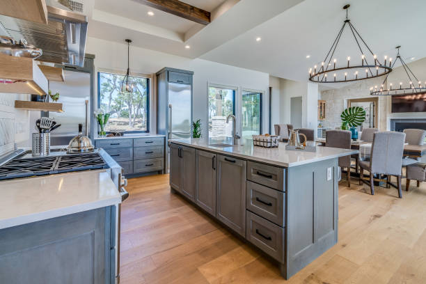 istock Large chandeliers accentuate ceiling in kitchen 1292192491