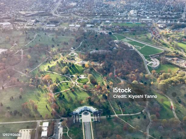 American City Aerial Arlington National Cemetery Kennedy Mausoleum And Tomb Of The Unknown Soldier Stock Photo - Download Image Now