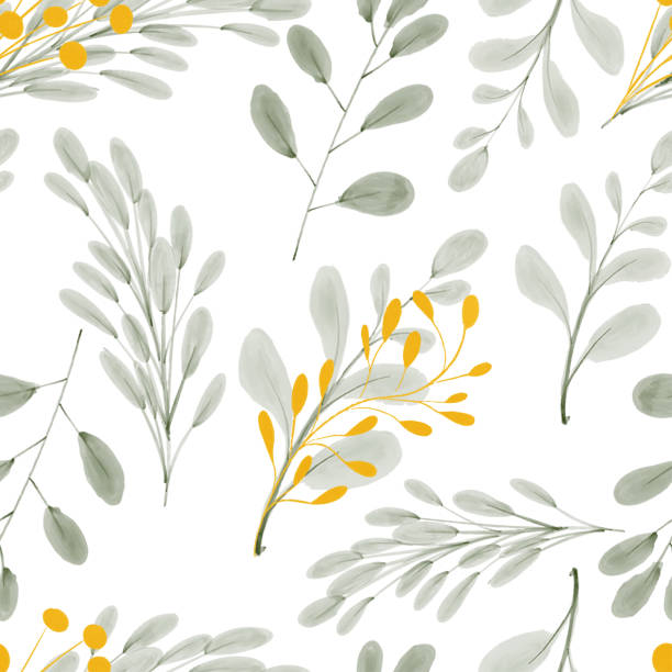 watercolor gold leaf foliage seamless pattern hand painted repeat pattern with golden leaves watercolor illustration boho stock illustrations