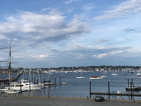 City view of Newport, a port city on Rhode Island, a small state on the east coast of the United States. Luxury ships of American millionaires gather.